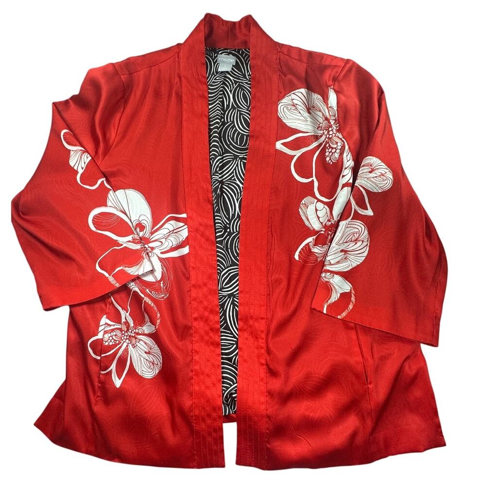Chico's Red White Floral Kimono Cardigan Open Front Jacket